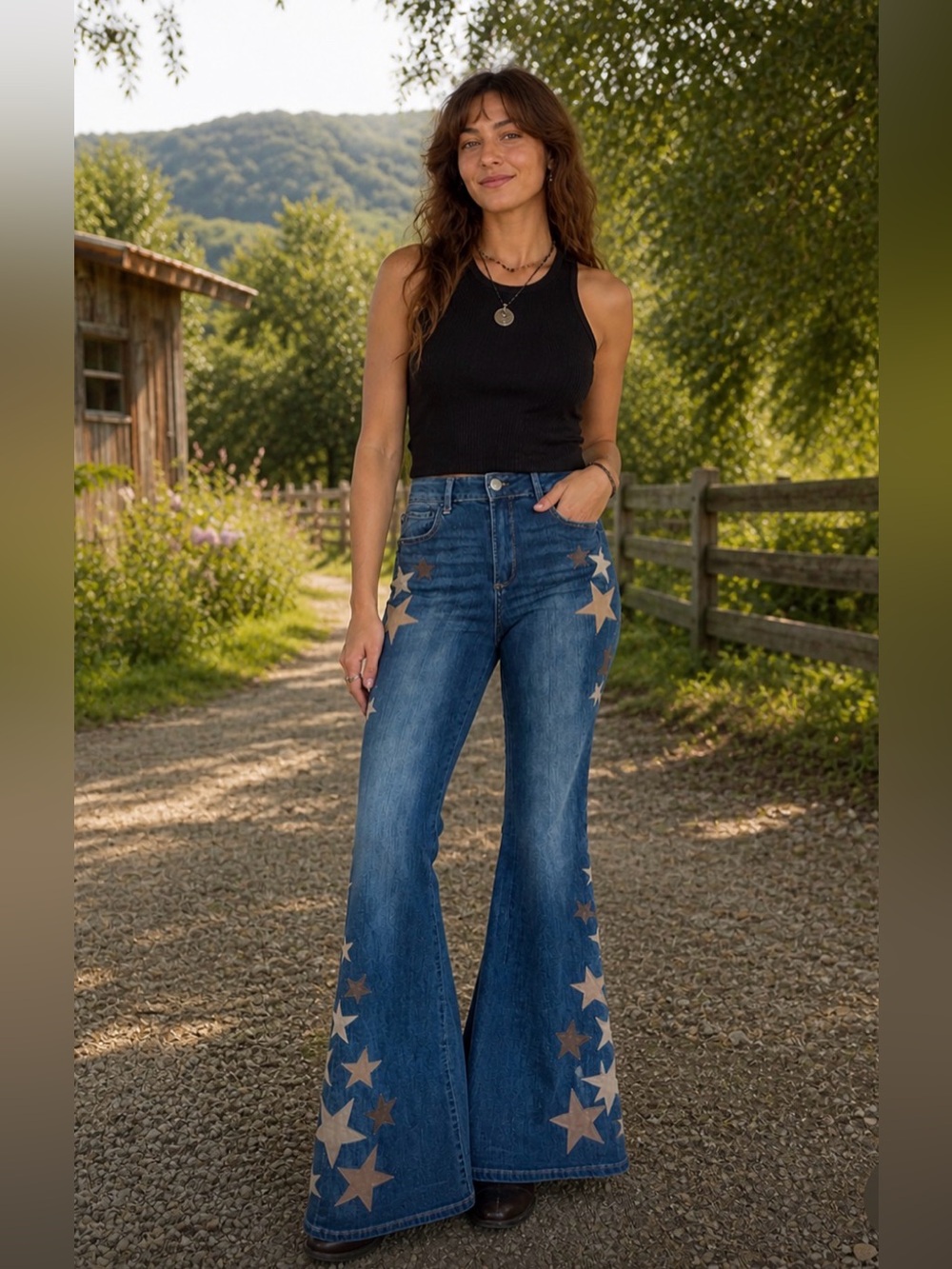 Driftwood Farrah Jeans — Classic Medium Blue Denim with Stars size 27 EUC